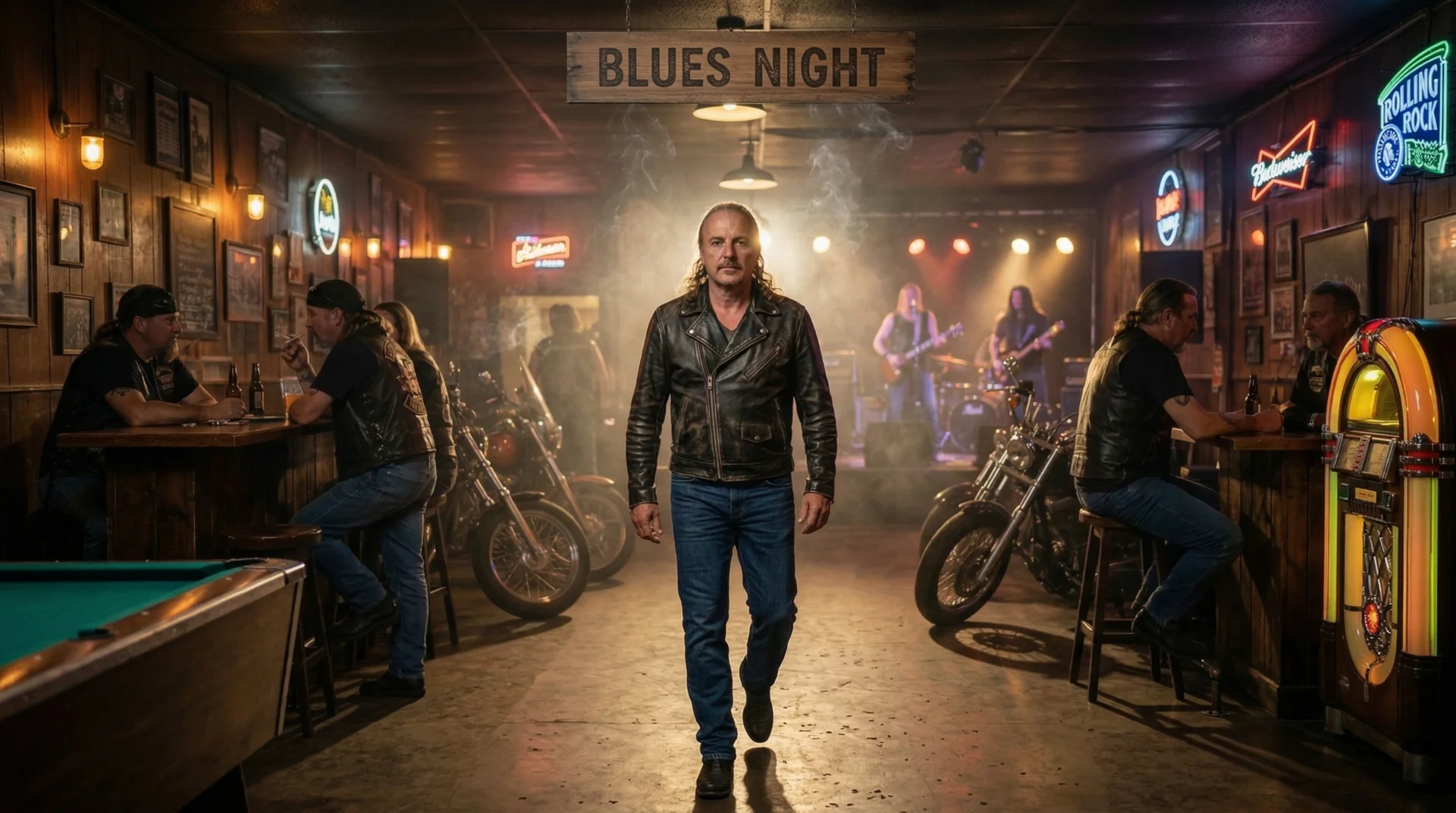 Hugh Murray in a warmly lit blues bar with motorcycles and a stage